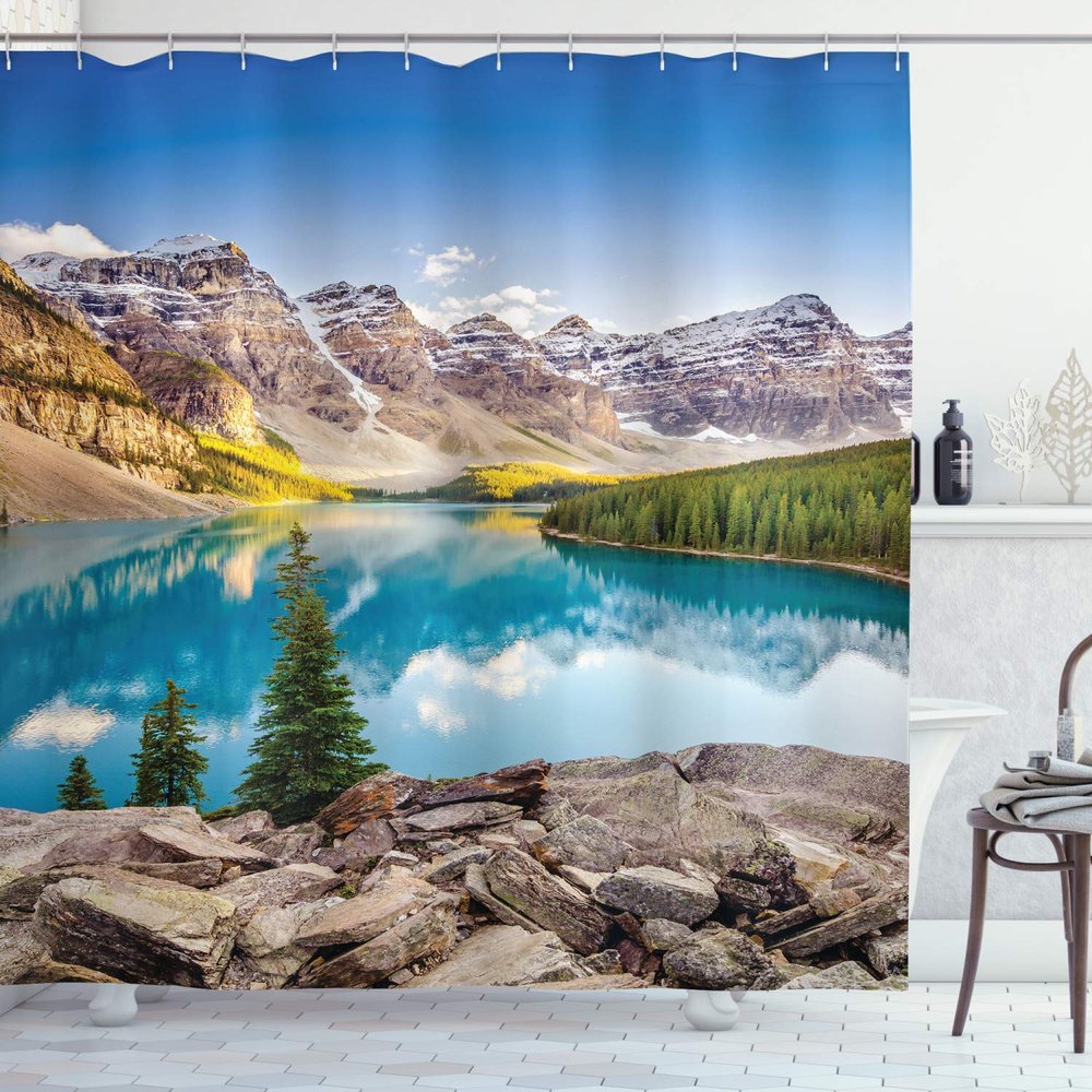 Ambesonne Landscape Shower Curtain, Idyllic View of Moraine Lake at Sunset in Canadian Rocky Mountain Range Picture, Cloth Fabric Bathroom Decor Set with Hooks, 69" W x 84" L, Aqua Taupe Grey