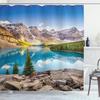 Ambesonne Landscape Shower Curtain, Idyllic View of Moraine Lake at Sunset in Canadian Rocky Mountain Range Picture, Cloth Fabric Bathroom Decor Set with Hooks, 69" W x 84" L, Aqua Taupe Grey view 1