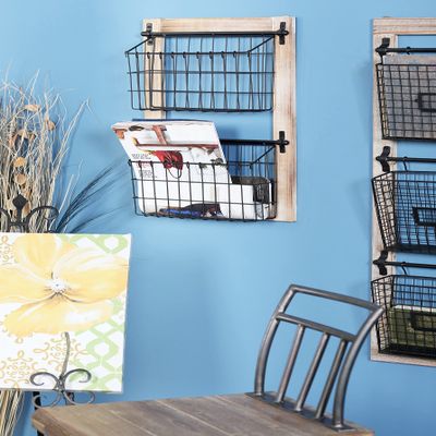 Deco 79 Metal Rectangle Magazine Rack Holder with Suspended Baskets, 14" x 4" x 22", Black, 22"H