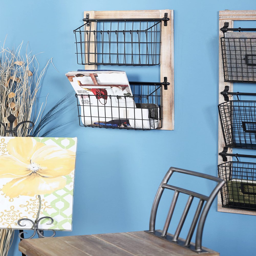 Deco 79 Metal Rectangle Magazine Rack Holder with Suspended Baskets, 14" x 4" x 22", Black, 22"H