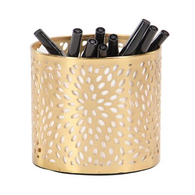Deco 79 Metal Cylinder Pencil Cup with Laser Carved Floral Design, 4" x 4" x 4", Gold