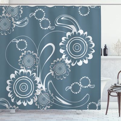 Ambesonne Grey Blue Shower Curtain, Abstract Blossoming Petals with Abstract Swirls Romantic Flowers, Cloth Fabric Bathroom Decor Set with Hooks, 69" W x 75" L, Slate Blue White