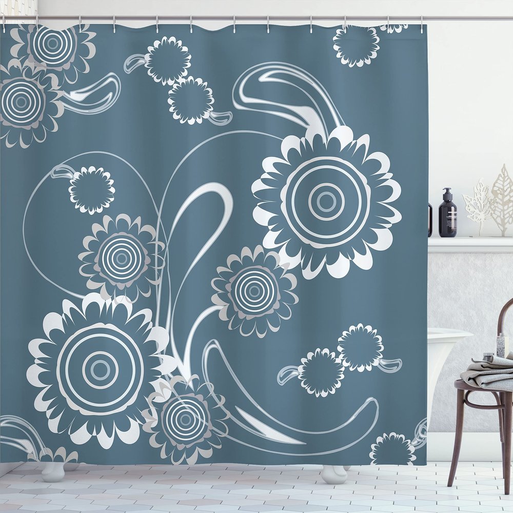 Ambesonne Grey Blue Shower Curtain, Abstract Blossoming Petals with Abstract Swirls Romantic Flowers, Cloth Fabric Bathroom Decor Set with Hooks, 69" W x 75" L, Slate Blue White