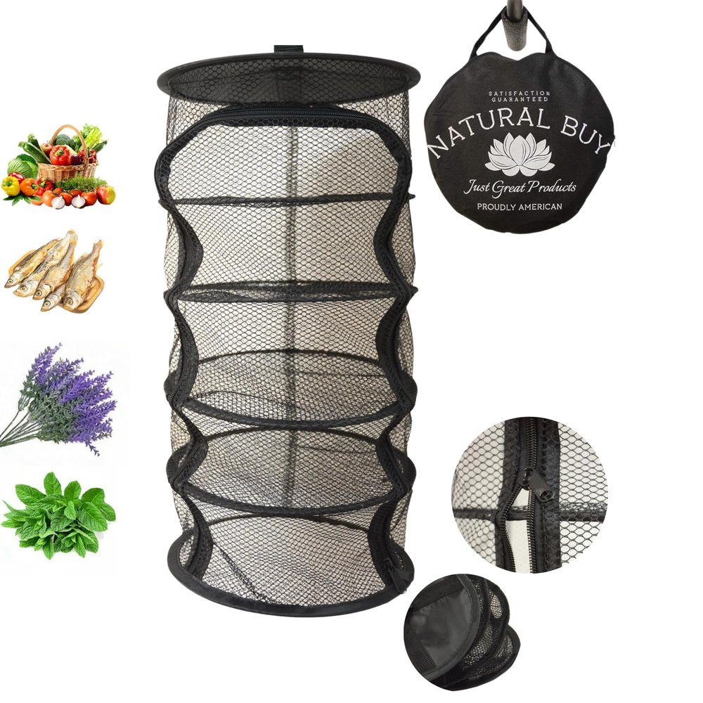 9 Inch 5 Level Micro Hanging Dry Net Indoor/Closet Drying Rack for Herbs, Plants, Organizer, Freshner - Black Mash Screen with Top-to-Bottom Zipper - Apartment Size with Zipped Storage Pouch