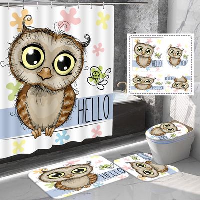 Amagical 4 Pieces Owl Shower Curtain Set Bathroom Mat Set, Funny Cartoon Owl and A Butterfly on A Floral Background with Hello Message Image Bath Mat Contour Mat Toilet Cover Shower Curtain