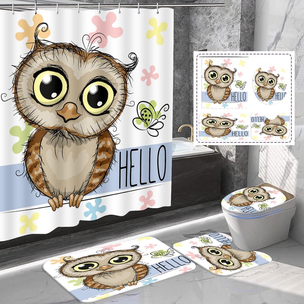 Amagical 4 Pieces Owl Shower Curtain Set Bathroom Mat Set, Funny Cartoon Owl and A Butterfly on A Floral Background with Hello Message Image Bath Mat Contour Mat Toilet Cover Shower Curtain