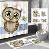 Amagical 4 Pieces Owl Shower Curtain Set Bathroom Mat Set, Funny Cartoon Owl and A Butterfly on A Floral Background with Hello Message Image Bath Mat Contour Mat Toilet Cover Shower Curtain view 1