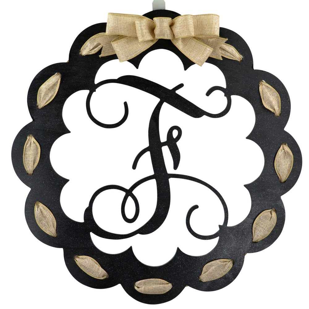 Letter F - Monogrammed Door Hanger | Mom Gift | Black and Burlap Everyday Year Letter Door Hanger