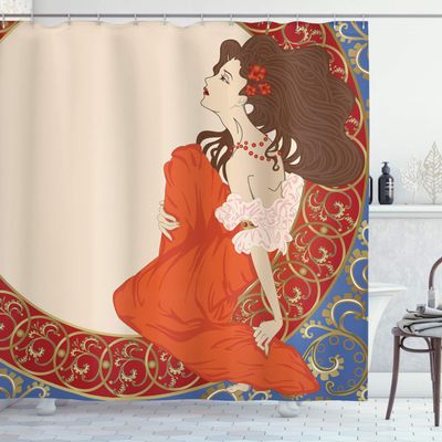 Ambesonne Art Nouveau Shower Curtain, Antique Woman in an Old Fashioned Medieval Dress Floral Rich Framework Print, Cloth Fabric Bathroom Decor Set with Hooks, 69" W x 70" L, Vermilion Blue
