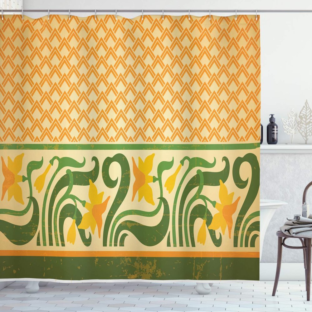 Ambesonne Art Nouveau Shower Curtain, Fresco Ornament Geometric Pattern with Exotic Daffodil Floral Border, Cloth Fabric Bathroom Decor Set with Hooks, 69" W x 84" L, Orange Yellow Green