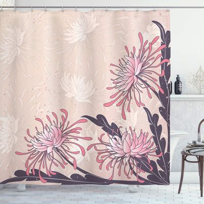 Ambesonne Art Nouveau Shower Curtain, Chrysanthemum Petals Romantic Old Fashioned Pastel Botany Petals, Cloth Fabric Bathroom Decor Set with Hooks, 69" W x 84" L, Eggplant Pale Pink Beige