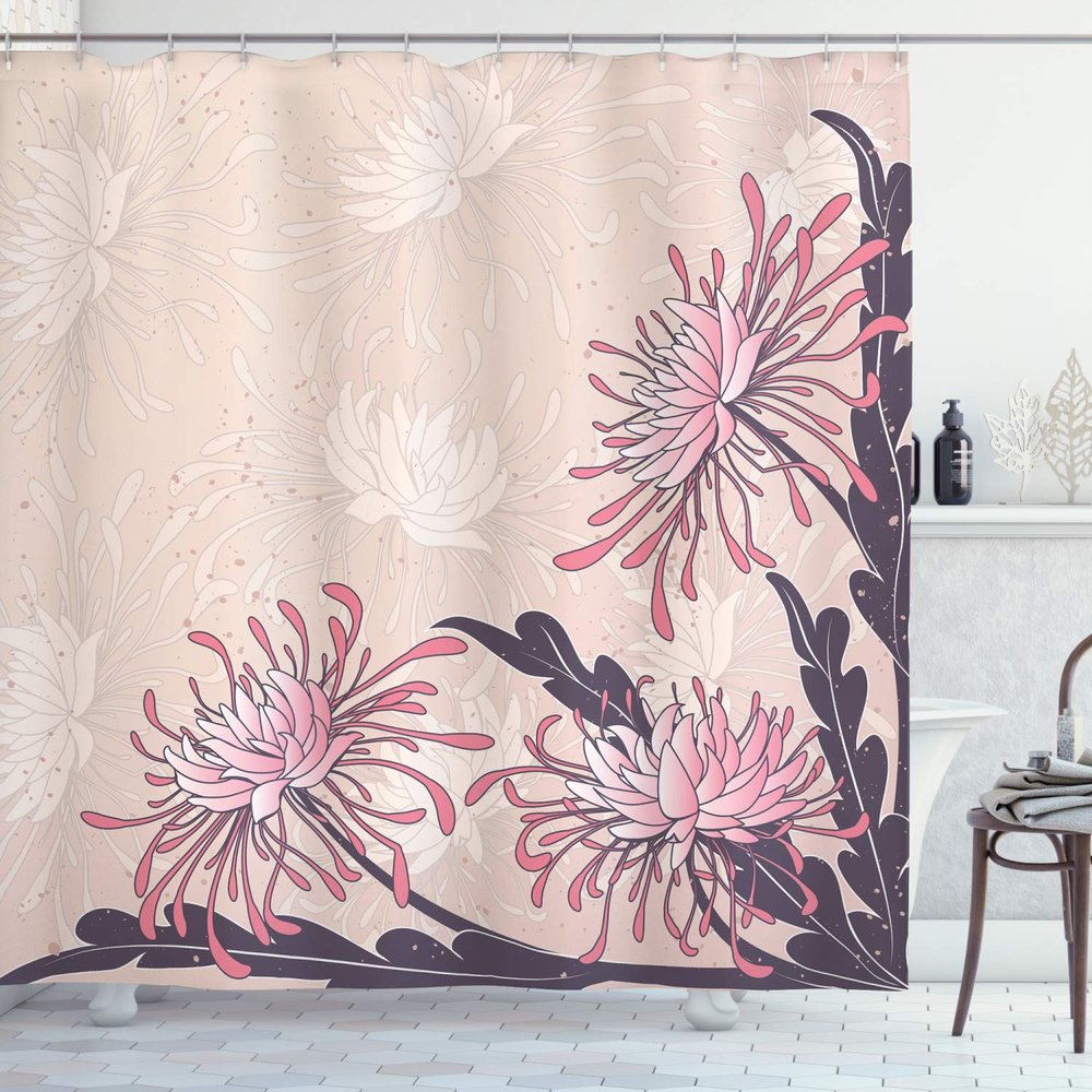 Ambesonne Art Nouveau Shower Curtain, Chrysanthemum Petals Romantic Old Fashioned Pastel Botany Petals, Cloth Fabric Bathroom Decor Set with Hooks, 69" W x 84" L, Eggplant Pale Pink Beige