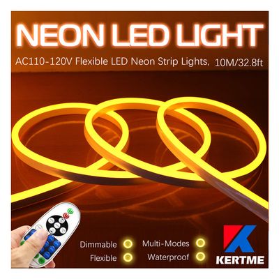 KERTME Neon Led Type AC 110-120V LED NEON Light Strip, Flexible/Waterproof/Dimmable/Multi-Modes LED Rope Light + 23 Keys Remote for Home/Garden/Building Decoration (32.8ft/10m, Golden Yellow)