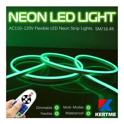 KERTME Neon Led Type AC 110-120V LED NEON Light Strip, Flexible/Waterproof/Dimmable/Multi-Modes LED Rope Light + 23 Keys Remote for Home/Garden/Building Decoration (16.4ft/5m, Green)