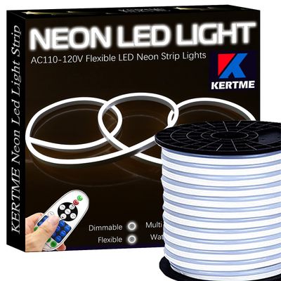 KERTME Neon Led Type AC 110-120V LED NEON Light Strip, Flexible/Waterproof/Dimmable/Multi-Modes LED Rope Light + 23 Keys Remote for Home/Garden/Building Decoration (16.4ft/5m, White 6000K)
