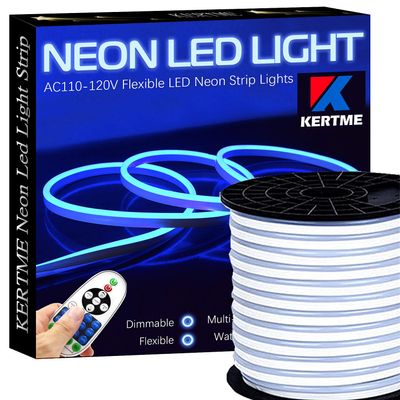 KERTME Neon Led Type AC 110-120V LED NEON Light Strip, Flexible/Waterproof/Dimmable/Multi-Modes LED Rope Light + 23 Keys Remote for Home/Garden/Building Decoration (32.8ft/10m, Blue)