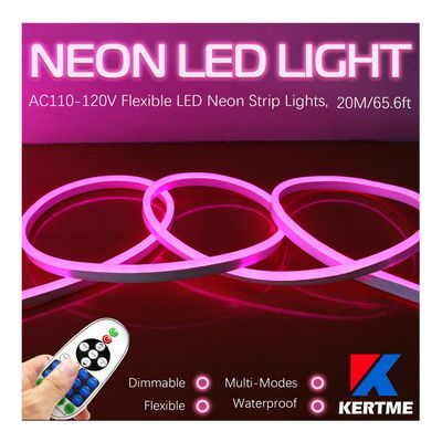 KERTME Neon Led Type AC 110-120V LED NEON Light Strip, Flexible/Waterproof/Dimmable/Multi-Modes LED Rope Light + 23 Keys Remote for Home/Garden/Building Decoration (65.6ft/20m, Pink)