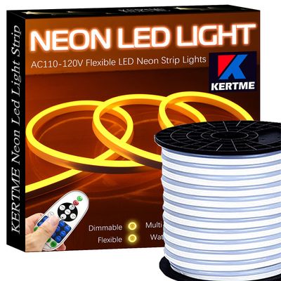 KERTME Neon Led Type AC 110-120V LED NEON Light Strip, Flexible/Waterproof/Dimmable/Multi-Modes LED Rope Light + 23 Keys Remote for Home/Garden/Building Decoration (131.2ft/40m, Golden Yellow)