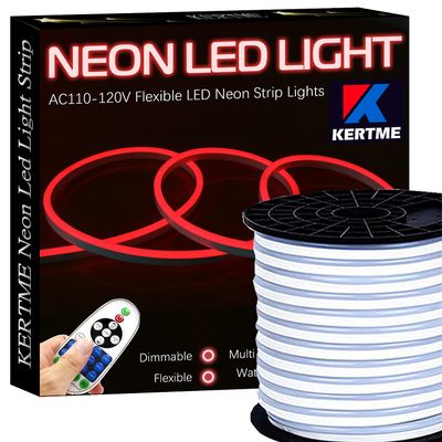 KERTME Neon Led Type AC 110-120V LED NEON Light Strip, Flexible/Waterproof/Dimmable/Multi-Modes LED Rope Light + 23 Keys Remote for Home/Garden/Building Decoration (65.6ft/20m, Red)