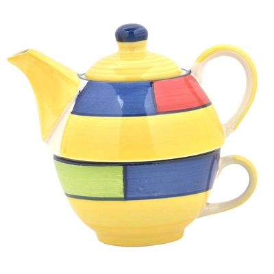 Indian Shelf Vocalforlocal Handmade Ceramic Multicolor Colorful Design Cup with Kettle Set Pack of 1 Pottery Pot Decor Gift Items
