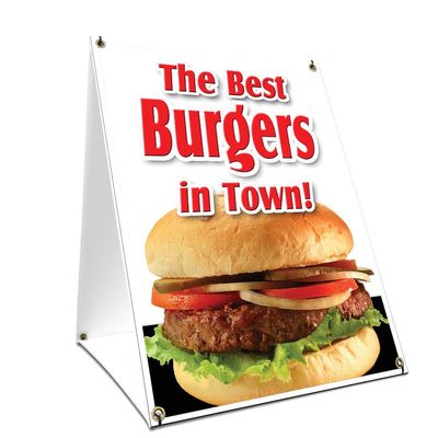 A-Frame Sidewalk The Best Burgers in Town! Sign with Graphics On Each Side | 24" X 36" Print Size