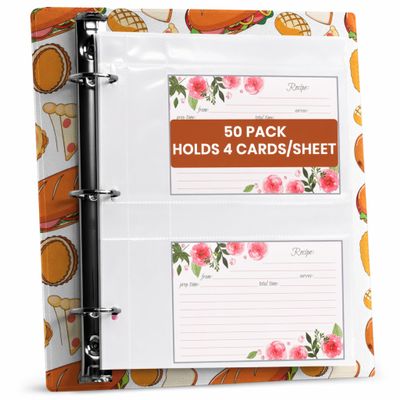 Recipe Card Protectors 4x6 for 3 Ring Binder, 50 Pack (200 Pockets)