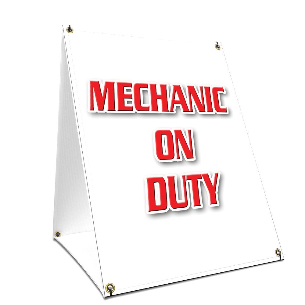A-Frame Sidewalk Mechanic On Duty Sign with Graphics On Each Side | 18" X 24" Print Size