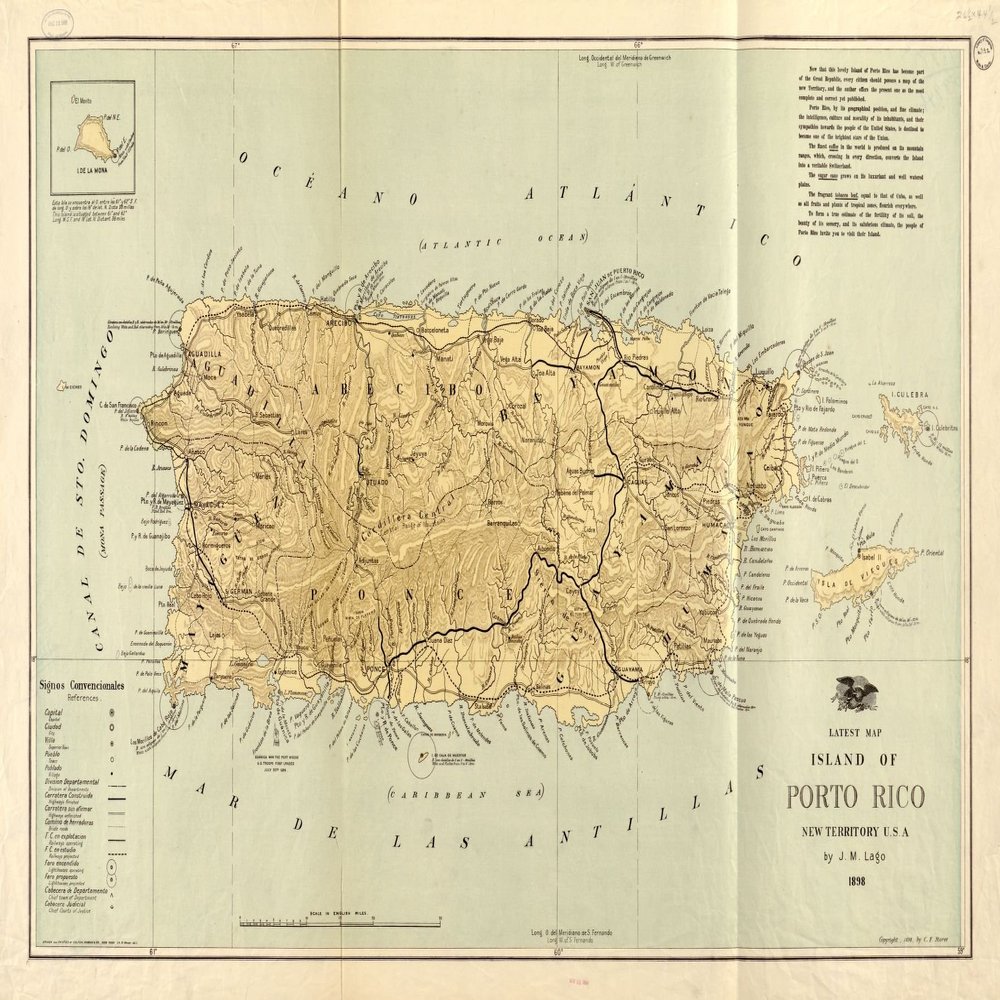 14" x 24" 1898 Map of The Island of Puerto Rico New Territory USA