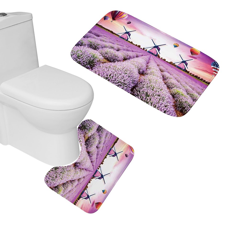 Amagical Lavender Flowers Pattern Bathroom Rug Mats Set 2 Piece Memory Foam Extra Soft Shower Bath Rugs Contour Mat Purple