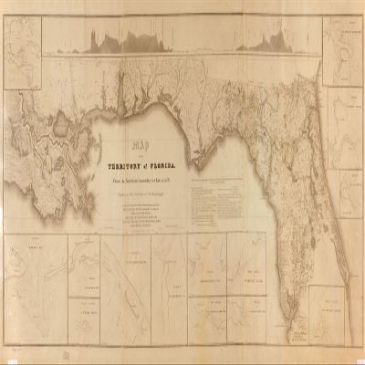 10" x 24" 1829 Map Of Florida Territory Connected To Mississippi Delta Atlantic Gulf Of Mexico & Bay Of Espiritu Santo & From Saint Marys Harbour To Saint Augustine
