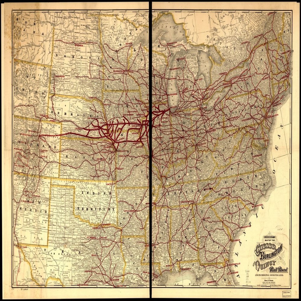 18" x 24" 1881 Map of Chicago Burlington & Quincy Rail Road & Connecting Lines