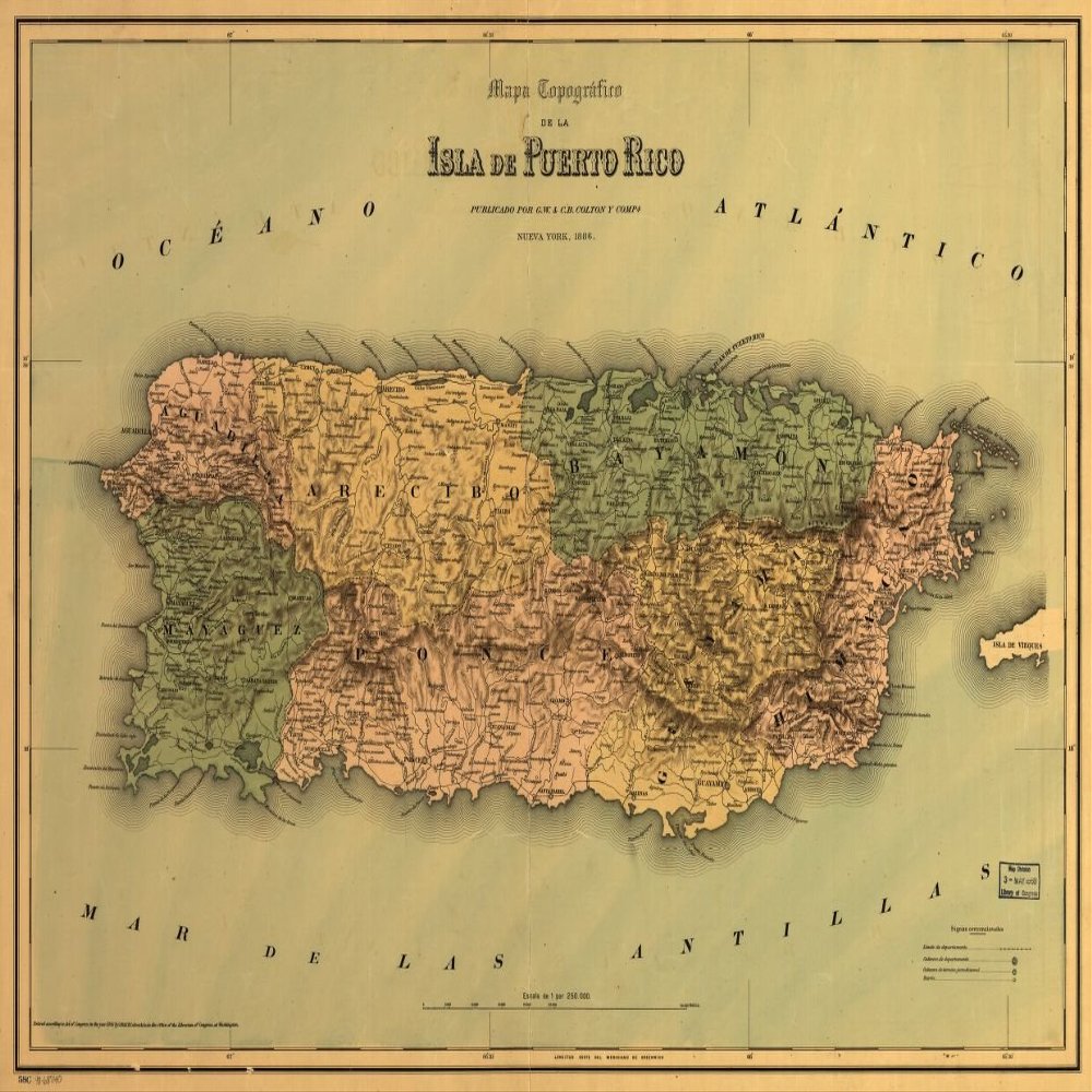 16" x 24" 1886 Topographic Map of The Island of Puerto Rico