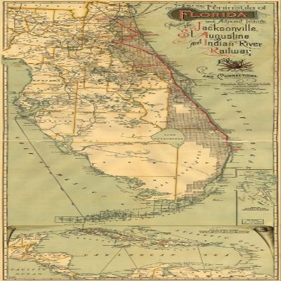 10" x 24" 1893 Map Of Florida Peninsula & Adjacent Islands East Coast Line Saint Augistines Routes & Connections