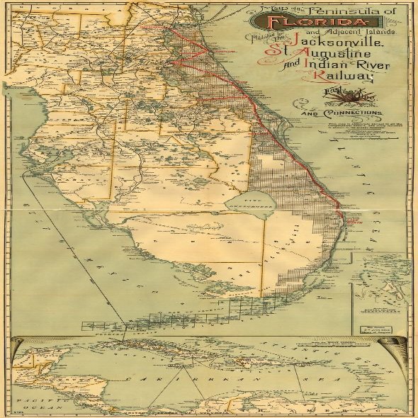 10" x 24" 1893 Map Of Florida Peninsula & Adjacent Islands East Coast Line Saint Augistines Routes & Connections