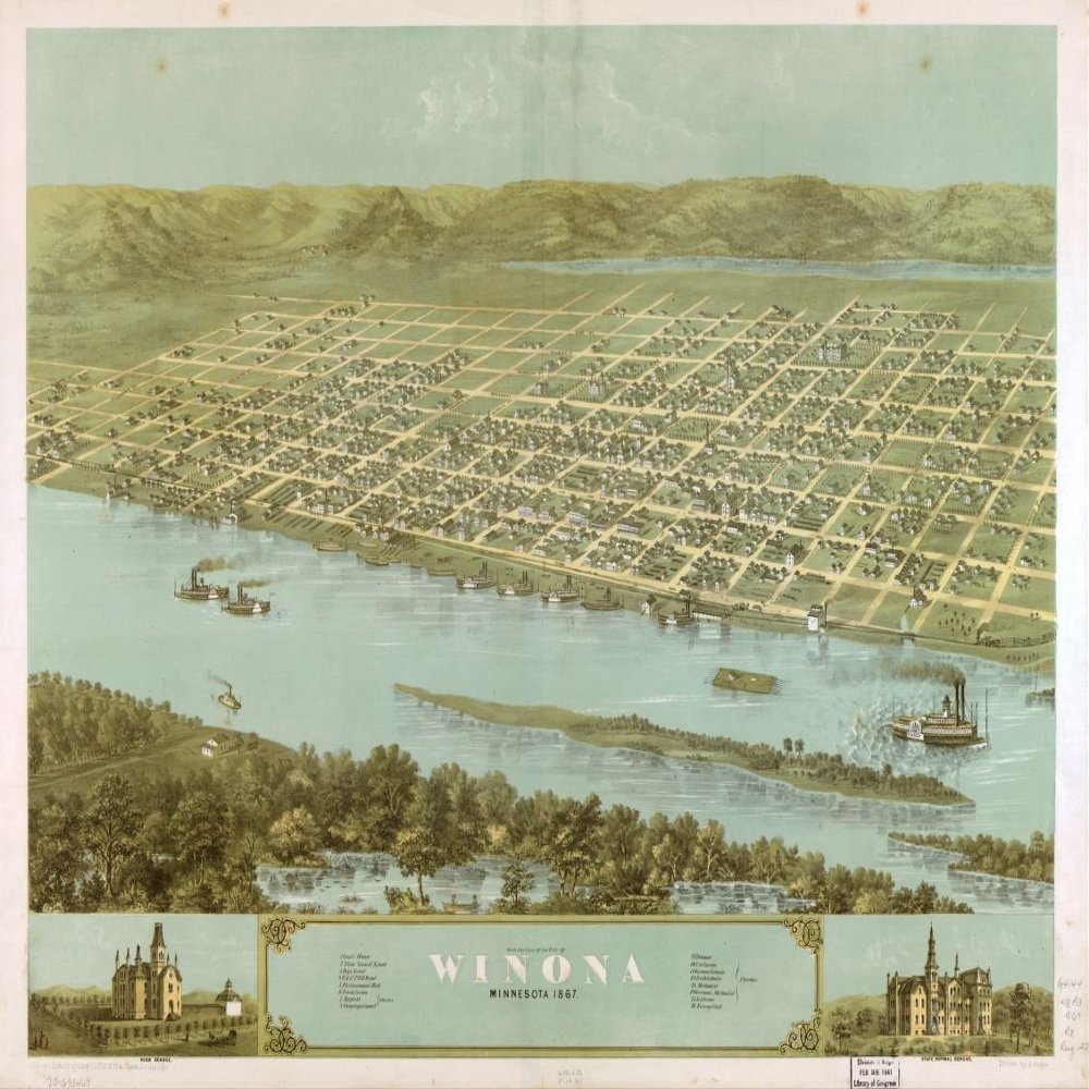 18" x 24" 1867 Map Winona City Minnesota United States Birds Eye View