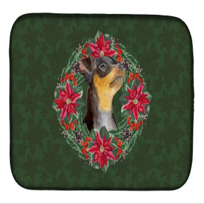 Caroline's Treasures CK1590DDM Miniature Pinscher #2 Poinsetta Wreath Dish Drying Mat Absorbent Dish Drying Mat Pad for Kitchen Counter Dish Drainer Mat for Countertop, 14 x 21", Multicolor