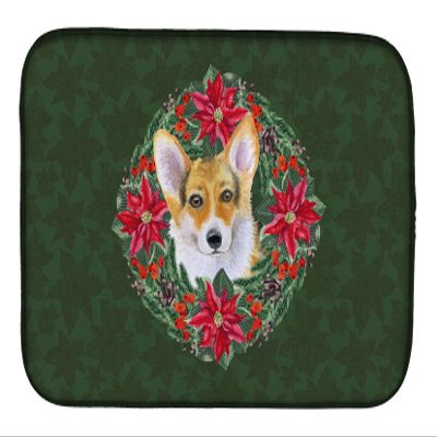 Caroline's Treasures CK1508DDM Pembroke Corgi Poinsetta Wreath Dish Drying Mat Absorbent Dish Drying Mat Pad for Kitchen Counter Dish Drainer Mat for Countertop, 14 x 21", Multicolor