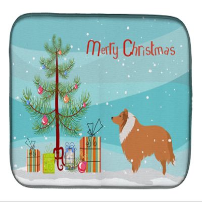 Caroline's Treasures BB2934DDM Collie Dog Merry Christmas Tree Dish Drying Mat Absorbent Dish Drying Mat Pad for Kitchen Counter Dish Drainer Mat for Countertop, 14 x 21", Multicolor