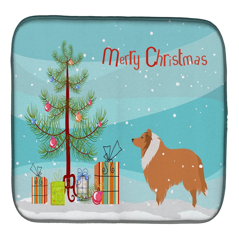 Caroline's Treasures BB2934DDM Collie Dog Merry Christmas Tree Dish Drying Mat Absorbent Dish Drying Mat Pad for Kitchen Counter Dish Drainer Mat for Countertop, 14 x 21", Multicolor