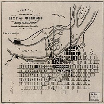 16" x 24" 1865 Map of Richmond City Showing Thje Burnt Districts