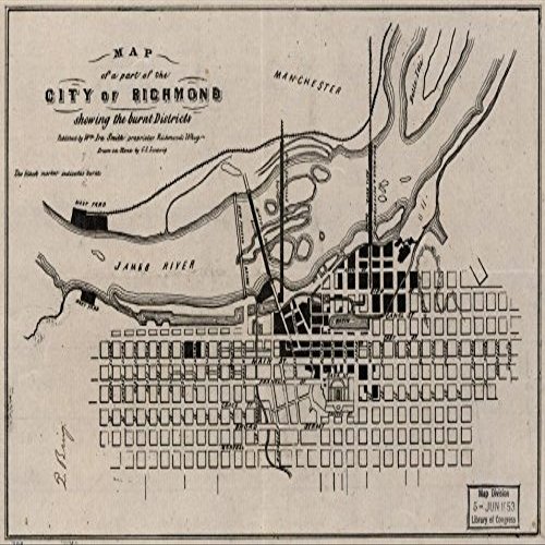 16" x 24" 1865 Map of Richmond City Showing Thje Burnt Districts