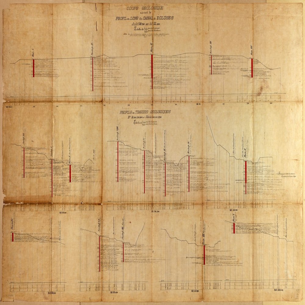 18" x 24" 1890 Map of Panama Canal Length Profile of The Lane Canal