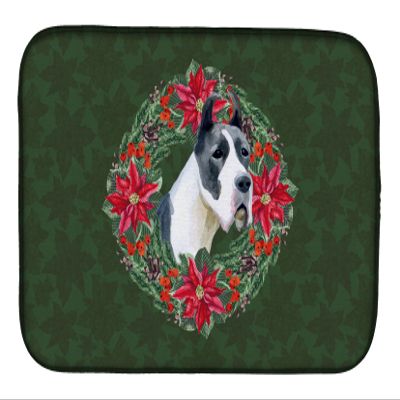 Caroline's Treasures CK1509DDM Harlequin Great Dane Poinsetta Wreath Dish Drying Mat Absorbent Dish Drying Mat Pad for Kitchen Counter Dish Drainer Mat for Countertop, 14 x 21", Multicolor