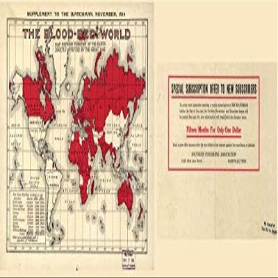 10" x 24" 1914 Map Of The Blood Red World Showing Territory Of The Earth Directly Affected By The Great War