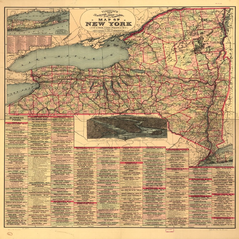 18" x 24" 1898 Map of New York Tunisons Railroad Distance & Township