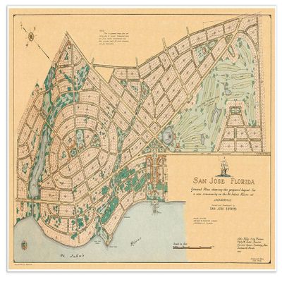Antiguos Maps Color Plan of San Jose Estates in Jacksonville, Florida circa 1925 | Art Print Poster Vintage Wall Decor | 24 x 36 inches (610 x 915 mm)