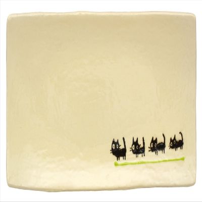 SOUSEN Kiln Original SOUSEN Long Plate, Yellow-Green, 10.6 inches (27 cm), Seto Ware Long Square Plate, Large, Black Cat Pattern