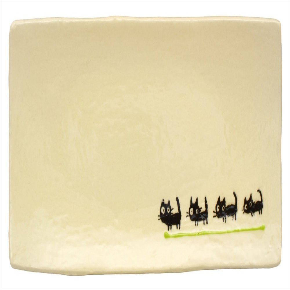 SOUSEN Kiln Original SOUSEN Long Plate, Yellow-Green, 10.6 inches (27 cm), Seto Ware Long Square Plate, Large, Black Cat Pattern