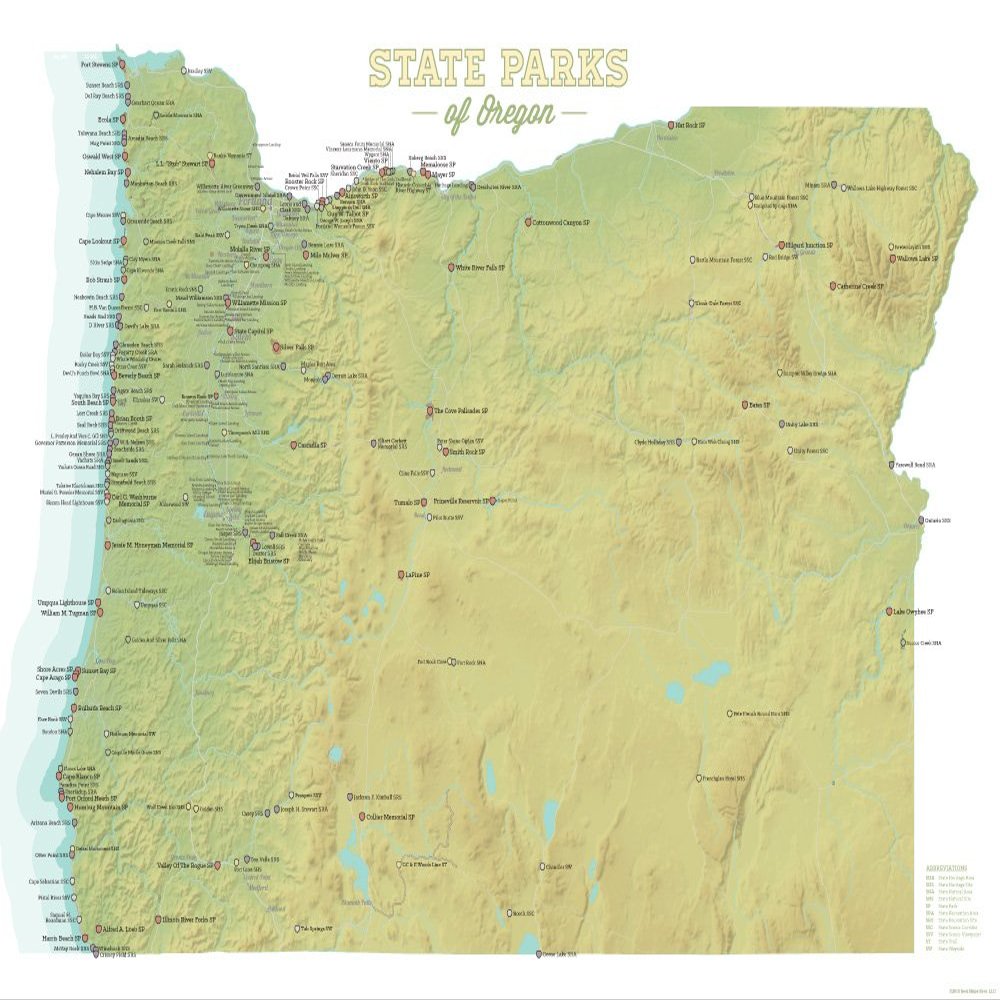 Oregon State Parks Checklist Map 18x24 Poster (Sage & White)