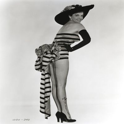 Jane Russell in a striped one piece and wide brimmed hat Photo Print (24 x 30)